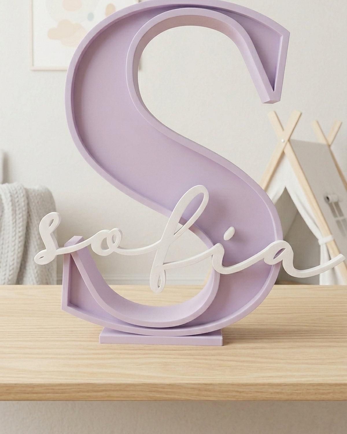 Inicial S lila con el nombre Sofia impresa en 3D, decoración infantil